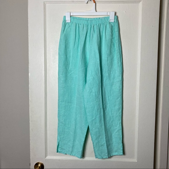 Russ Berens mint blue floral embroidered linen pull on pants women's S - Picture 2 of 9